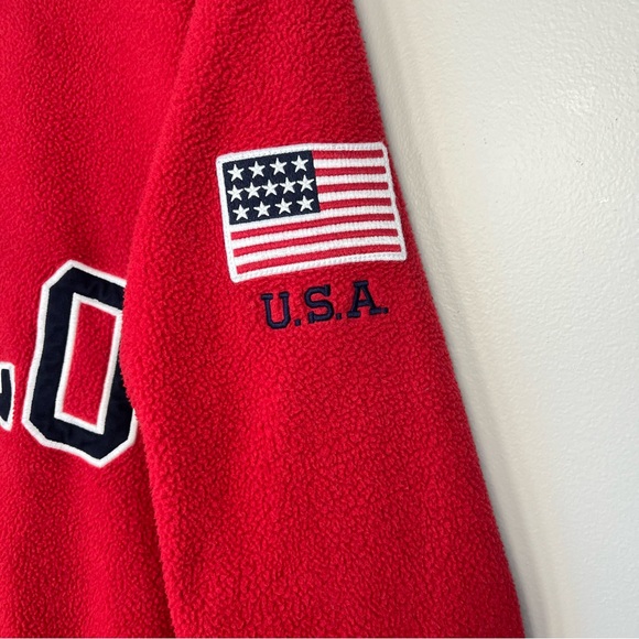 Polo Ralph Lauren Mens Large Red 1/4-Zip Fleece Pullover Sweater USA Flag Patch - Picture 8 of 15